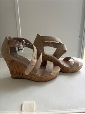 Charlies Taupe Suede Cork Wedge Sandals